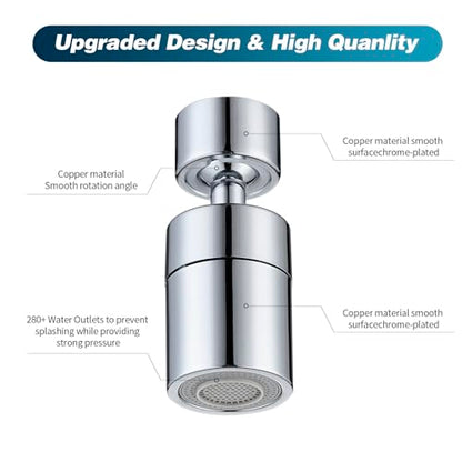 360° Swivel Faucet Aerator, Dual Mode Water Saving Sprayer Head, Chrome Brass Nozzle, Universal Fit for Kitchen & Bathroom Sinks (22mm Male & 24mm Female)