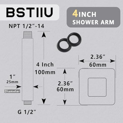 4 Inch Shower Arm with Flange, BSTIIU Ceiling Mounted Square Shower Head Extension Arm, 1/2 NPT Straight Arm for Rain Shower Head, Shower Head Extension Replacement Pipe Arm, Brushed Nickel - color: Brushed Nickel, style: 4-Inch
