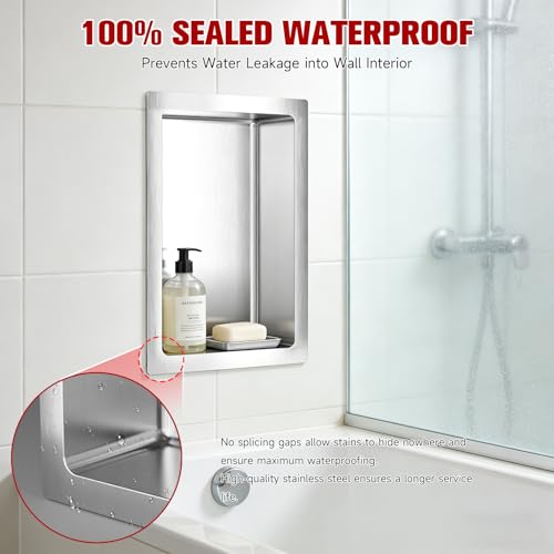 VELPAX No Tile Needed Shower Niche 13"X 19", Bathroom Wall Niche Single Shelf, Stainless Steel Shower Niche for Bathroom, Kitchens, Balconies - color: Silver, size: 13"X 19" Single Shelf