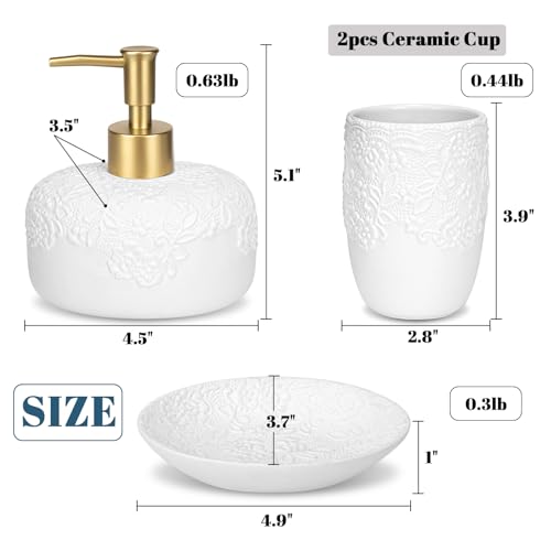 Bathroom Accessories Set, 4pcs Ceramic with Embossed Design Look Sets Bathroom Soap Dispenser with Rust-Proof Plastic Pump 13.5oz & 2Pcs Ceramic Cup, 1Pcs Soap Dish - color: White-gold