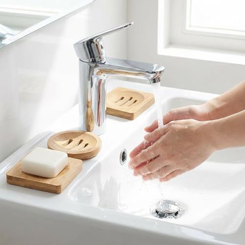20Pcs Bamboo Soap Dish Set for Bar Soap, Bamboo Soap Holder with Self-Draining Soap Tray, Shampoo Bar Holder for Bathroom Kitchen Sink Travel, Round and Square Wooden Organizers for Sponges Razors