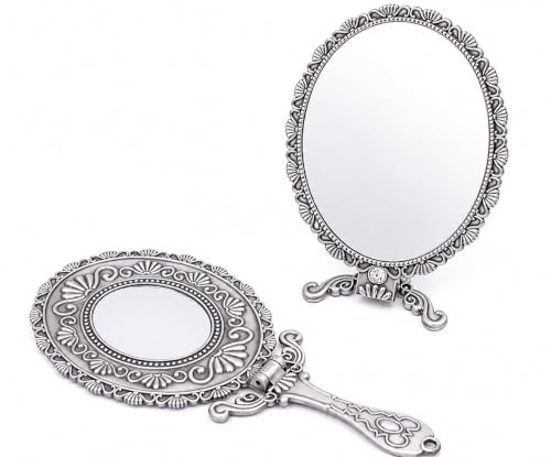 SEHAMANO Vintage Double Sided Handheld Makeup Metal Mirror/Folding Handle/Stand Travel Mirror/Back Sided Magnification/Folding Type Mirror (Matt Grey (Tin))