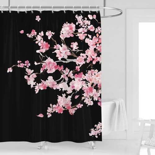 Japanese Floral Shower Curtain, Black Pink, 12 Hooks, 60" W x 72" L | Sakura Pattern, Gothic Cherry Blossom Art, Romantic Nature Style, Cute Girly Aesthetic, Bathroom Decor - color: Pink Black, size: 60"W x 72"L (Pack of 1)