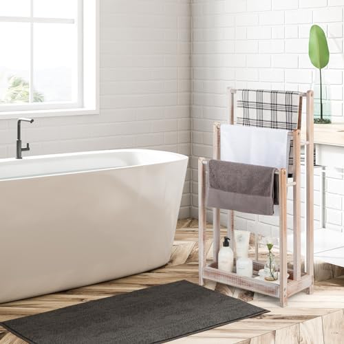 Giantex 3 Tier Free Standing Towel Rack with Storage Shelf, Light Brown | Wood Bath Towel Drying Stand, Blanket Holder for Living Room, Laundry, Bathroom, Poolside, 18" L x 9" W x 34" H - color: Light Brown