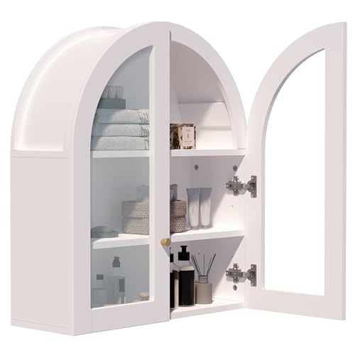 Arched Wall Cabinet, White Wood Grain Bathroom Cabinet, Wall Mounted Medicine Cabinet with Tempered Glass Door & Adjustable Shelf, Modern Floating Storage Organizer for Home - color: White