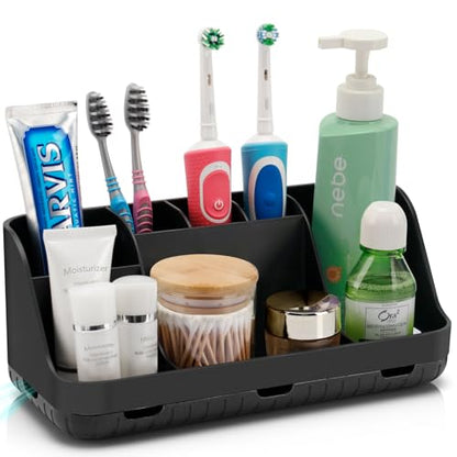 GFWARE Black Toothbrush Holder - 7 Slots Bathroom Organizer Countertop with Drainage Matte Black Electric Toothbrush and Toothpaste Holder for Bathroom Accessories Organization Vanity Sink Storage | Detachable 7 Slots Matte Black Kid Electric Toothbrush a
