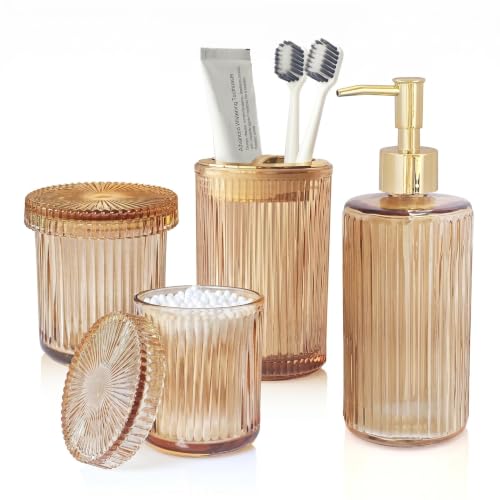4 Pcs Brown Bathroom Accessories Set, Glass Bathroom Set, Soap Dispenser, Toothbrush Holder, Qtip Holders, Modern Bathroom Decor, Housewarming Gift Set （Amber Brown） - style: 4 pcs Brown
