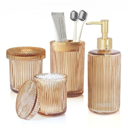 4 Pcs Brown Bathroom Accessories Set, Glass Bathroom Set, Soap Dispenser, Toothbrush Holder, Qtip Holders, Modern Bathroom Decor, Housewarming Gift Set （Amber Brown） - style: 4 pcs Brown