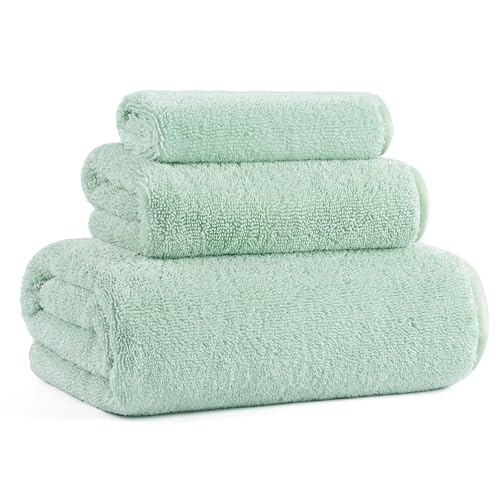 MICROFI Ring Spun Terry Microfiber Bath Towel Set, 3 Piece, Oversize, Quick Dry, Lint Free, Includes Bath, face, and Hand Towels (Green) - color: Green