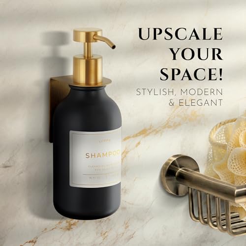 Shower Shampoo Dispenser Wall Mounted – Refillable 16.9 oz Black Bottle with Stainless Steel Pump & No-Drill Adhesive Holder – Soap Dispenser for Bathroom (1 X Black/Gold) - color: 1 X Black/Gold