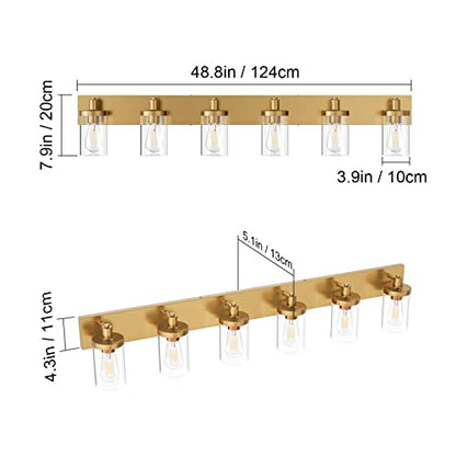 Aipsun Gold Bathroom Vanity Light Farmhouse Vanity Lighting Fixtures 6 Light 48in Bathroom Light Fixtures with Clear Glass Shade(Exclude Bulb) - color: Gold, size: 6-Light