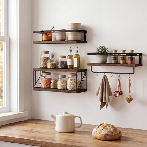 Fixwal Wall Mounted Bathroom Shelves Over Toilet (3+1 Dark Brown) | Wall Shelf with Basket Storage , Towel Bar, Solid Wood, 22Lb Capacity, Easy DIY Install - color: 6-dark Brown