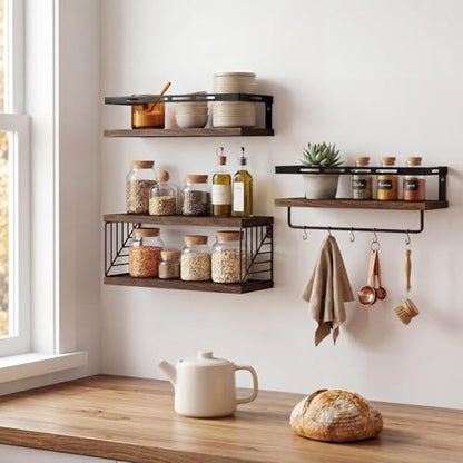 Fixwal Wall Mounted Bathroom Shelves Over Toilet (3+1 Dark Brown) | Wall Shelf with Basket Storage , Towel Bar, Solid Wood, 22Lb Capacity, Easy DIY Install - color: 6-dark Brown