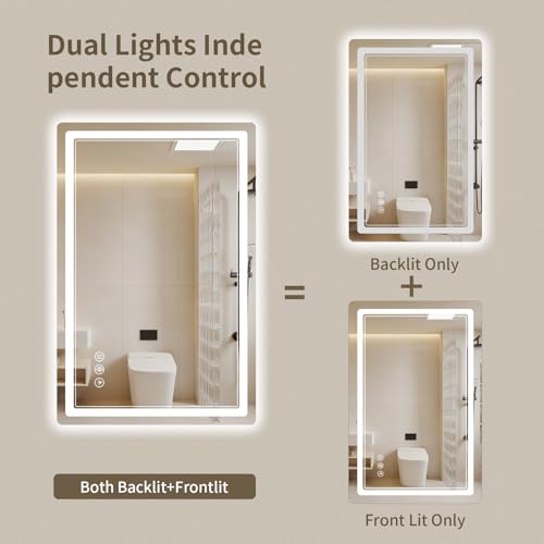 24"x36" LED Bathroom Mirror with Lights, Backlit + Front Lit, Anti-Fog, Lighted Bathroom Mirror for Wall, HD Shatterproof Tempered Glass, Dimmable, Memory Function (Horizontal/Vertical) - size: 36"L x 24"W