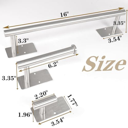 5 PCS Self Adhesive Bathroom Hardware Set,Stainless Steel Towel Rack Set Include 16In Bath Towel Bar+Toilet Paper Holder+3 Towel/Robe Hooks Wall Mounted Bathroom Accessory Kit(Brushed Nickel) - color: Brushed Nickel, size: 16 In-5 Pcs
