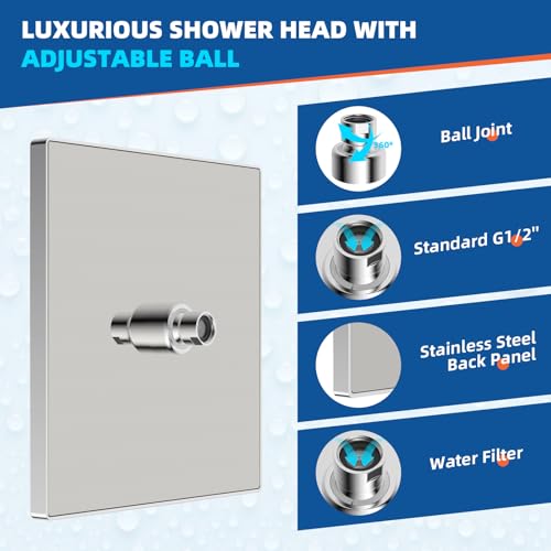 Hibbent cUPC Certified Metal High Pressure 10'' Rain Shower Head, Chrome | Square Large Bathroom Waterfall Thickness Shower Heads, High-flow Fixed Rainfall Showerheads, Adjustable Brass Ball Joint - color: Chrome, style: Square 10''