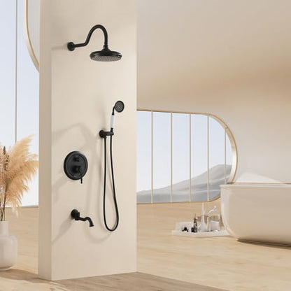 Shower Systems with Handheld Sprayer,3 Functions Shower Faucet Sets Wall Mounted,Shower Fixture with Brass Valve,Complete Shower System Kit with Foldable Tub Spout (Matte Black) - color: Matte Black