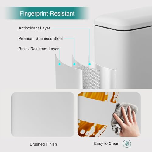 Bathroom Trash Can, Small Trash Can with Lid, White Garbage Gan | 1.3 Gal Trash Can, Stainless Steel, Small Garbage Can with Soft-Close Lid, Removable Inner Bucket, Slim Trashcan for Bathroom - color: White