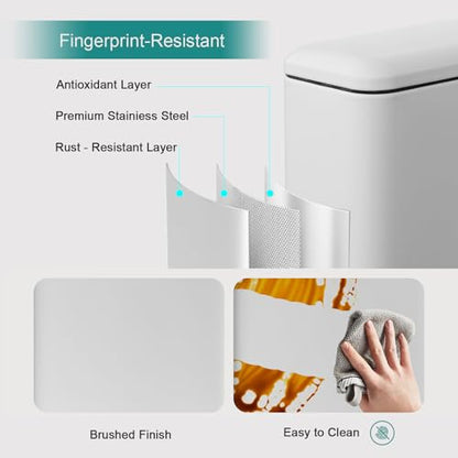 Bathroom Trash Can, Small Trash Can with Lid, White Garbage Gan | 1.3 Gal Trash Can, Stainless Steel, Small Garbage Can with Soft-Close Lid, Removable Inner Bucket, Slim Trashcan for Bathroom - color: White