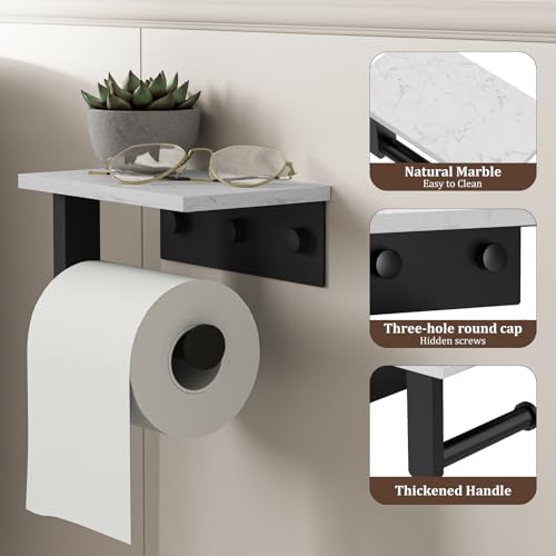 BWE Matte Black Toilet Paper Holder with Marble Shelf Wall Mounted | Toilet Paper Roll Holder with Phone Shelf 304 Stainless Steel Tissue Holder for Bathroom Washroom,Saving Space - color: Black
