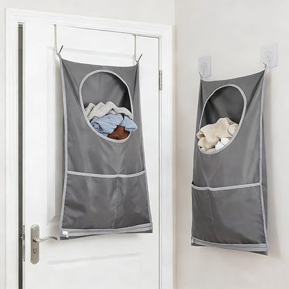 Hanging Laundry Bag, Over the Door Laundry Hamper with Door Hooks & Adhesive Hooks, Large Capacity Laundry Organizer with Bottom Zipper & 2 External Pockets for Bathroom, Dorm, RV, Small Space