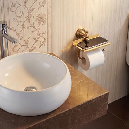 2 Pcs Antique Brass Toilet Paper Holder Towel Ring Set, Vintage Bathroom Hardware, Wall Mounted Toilet Tissue Holder Hand Towel Ring, Rustproof Brass Bathroom Accessories(with Phone Shelf) - style: with Phone Shelf