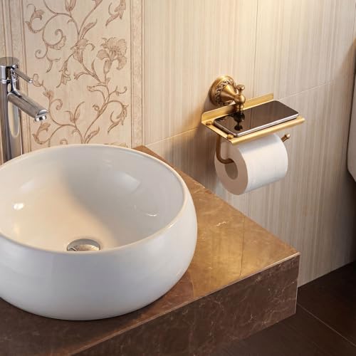 2 Pcs Antique Brass Toilet Paper Holder Towel Ring Set, Vintage Bathroom Hardware, Wall Mounted Toilet Tissue Holder Hand Towel Ring, Rustproof Brass Bathroom Accessories(with Phone Shelf) - style: with Phone Shelf