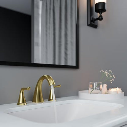 Pfister Willa Bathroom Sink Faucet 8 in Widespread 3 Hole Double Handle Brushed Gold Finish NSF Certified Push & Seal Drain TiteSeal Technology Vanity Faucet LF049MALBG - color: Brushed Gold, size: 1 Pack