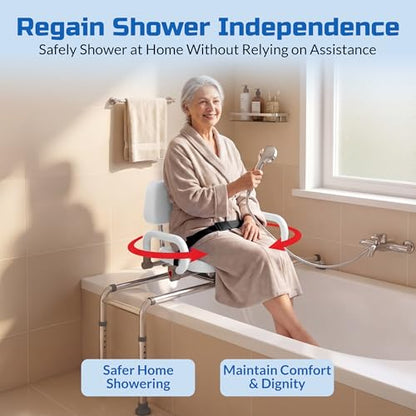 Carousel Sliding Shower Chair Tub Transfer Bench with Swivel Seat Elderly | Slide Safely In & Out of the Tub - White, padded seat, padded armrests, swivel seat, backrest, heavy-duty, extra-wide seat - color: White