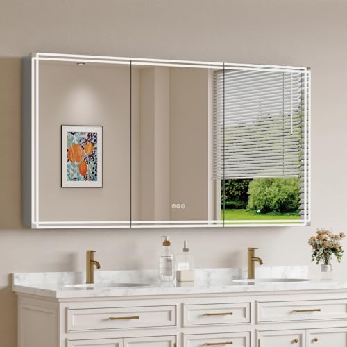 Buruis 60 x 32 Inch Medicine Cabinet with Lights, Recessed or Wall Mounted | Fully Assembled, 3-Color LED Lighting, Anti-Fog Mirror, Dimmable, Memory Function, Adjustable Shelves, Built-In Outlet & USB - size: 60 x 32 inch