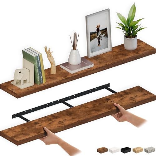 Ballucci Floating Shelves for Wall, 60" Wood Wall Shelf Set of 2, with Invisible Brackets for Bathroom, Living Room, Bedroom, Kitchen, Nursery, 8" Deep, Rustic Brown - color: Rustic Brown, size: 60 inches