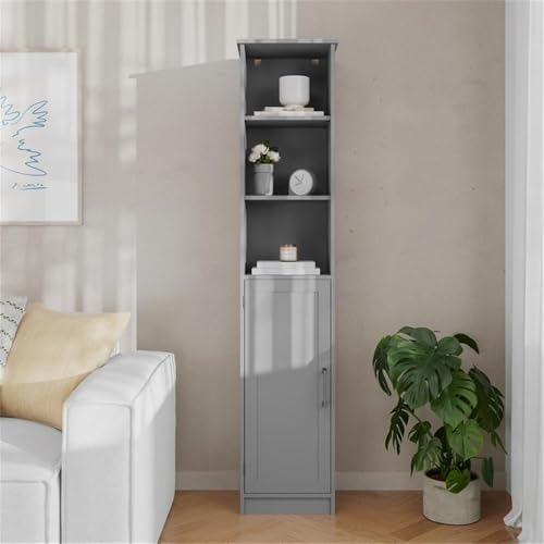 Pemberly Row Freestanding Linen Tower Storage Cabinet, 15"W x 9"D x 70"H, Gray Finish, Engineered Wood with Adjustable Shelves, Magnetic Door and Decorative Top, Slim Space-Saving Design for Bathroom