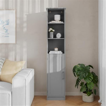 Pemberly Row Freestanding Linen Tower Storage Cabinet, 15"W x 9"D x 70"H, Gray Finish, Engineered Wood with Adjustable Shelves, Magnetic Door and Decorative Top, Slim Space-Saving Design for Bathroom