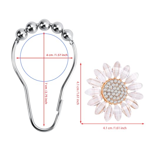 Decorative Sunflower Shower Curtain Hooks,Set of 12,Crystal Rhinestone Center,White Petals,Roller Ball,Stainless Steel,Flower Decor,Rustproof,Shower Rings,Easy Install,for Bathroom Decor