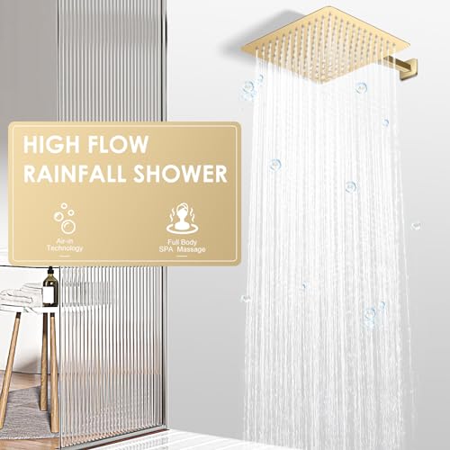 10 Inch Gold Rain Shower Head - All Metal Stainless Steel 304, Ultra Thin Design, Modern Bathroom Square Rainfall Showerheads - Full Body Coverage Bath Shower - color: Brushed Gold, size: 10 Inch Square