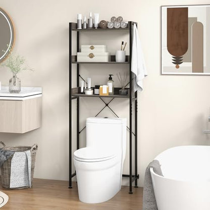 Giantex Over The Toilet Storage Shelf, 3-Tier Freestanding Space Saver Above Toilet with 4 Hooks, Adjustable Bottom Bar, Over Toilet Bathroom Organizer for Restroom, Laundry, Easy Assembly - color: Grey + Black