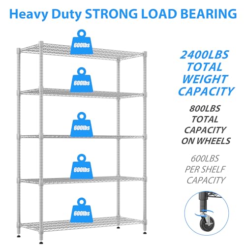 Homdox 5 Tier Heavy Duty Metal Shelves, Storage Racks and Shelving with Wheels, Commercial Adjustable Wire Shelving Unit, Garage Rack Pantry Shelves Kitchen Shelving, Chrome - color: Chrome, size: 24"Dx 48"Wx 82"H, 5 Tier
