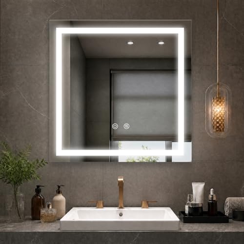 28"X28" LED Bathroom Mirror with Lights, Lighted Bathroom Vanity Mirror for Wall, 3 Colors, Dimmable, Anti-Fog, HD Tempered Glass(Front Lit) - size: 28"L x 28"W