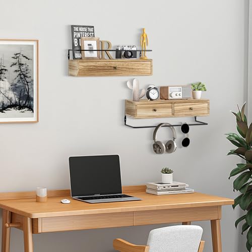 dreampossible 2-Pack Rustic Floating Shelves with Drawer, Wall Mounted Bathroom Shelf, 15.8 Inch Long, Brown Wood & Metal, 30 lbs Capacity - color: Brown, size: 15.8 Inch Long