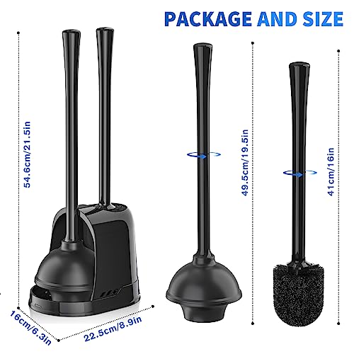 Toilet Plunger and Brush, Bowl Brush and Heavy Duty Toilet Plunger Set with Ventilated Holder, 2-in-1 Toilet Brush and Plunger Combo for Bathroom Cleaning (Black)