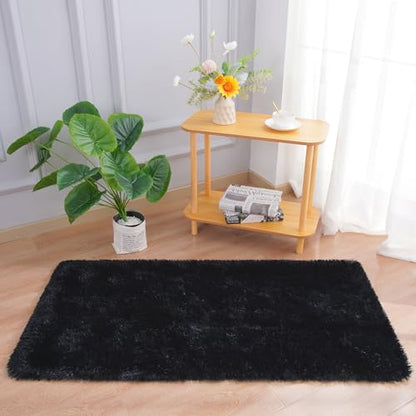 Chicrug Soft Area Rugs for Bedroom Living Room Plush Fluffy Rug 2x4 Feet, Shag Furry Area Rug Carpet Non Shedding for Nursery Children Kids Girls Room Home Decorative, Black | Shag Furry Area Rug Carpet Non Shedding for Nursery Children Kids Girls Room Ho