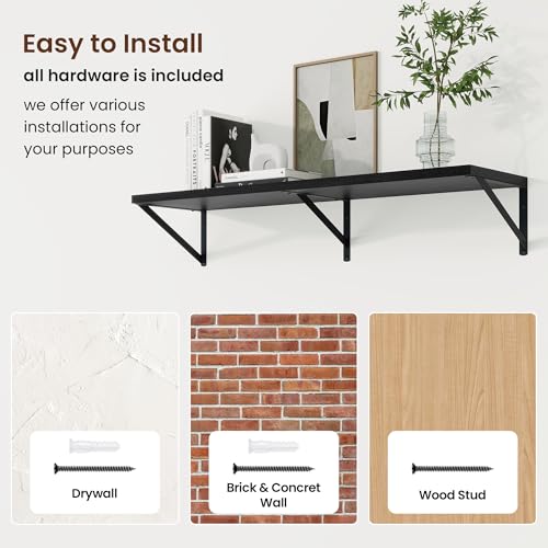 Deep Floating Shelves, 40'' x 10'' Black Wall Shelves Set of 2 | 10 Inch Deep Shelves with Heavy Duty Brackets, Rustic Wood Shelves for Bathroom Living Room, Engineered Wood, 40LBS - color: Black, size: 40W x 10D