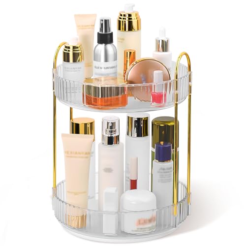360 Spinning Makeup Organizer, Rotating Bathroom Makeup Holder Rack, Large Capacity Cosmetic Carousel Storage with 2 Tier Perfect for Dresser Bedroom Vanity (Clear)
