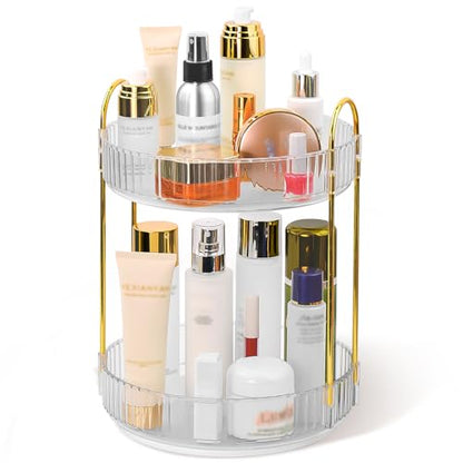360 Spinning Makeup Organizer, Rotating Bathroom Makeup Holder Rack, Large Capacity Cosmetic Carousel Storage with 2 Tier Perfect for Dresser Bedroom Vanity (Clear)