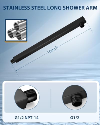 All Metal Matte Black Rainfall Shower Head with Extension Arm, 12" Large Rain Square Showerhead with 16" Long Shower Arm Stainless Steel, 144 Silicone Nozzles Waterfall Full Body Coverage - color: Matte Black