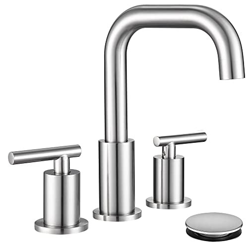 8 inch Brushed Nickel Widespread Bathroom Faucet, 2 Handle 3 Hole Bathroom Faucet with Sink Drain and Water Faucet Supply Hose, ChiLDano Bathroom Faucets CH3166BN | ChiLDano Satin Nickel Sink Faucet Bathroom with 360 Swivel Spout, Brushed Nickel Vanity Fa