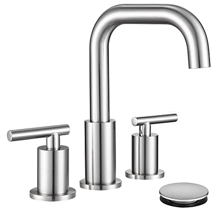 8 inch Brushed Nickel Widespread Bathroom Faucet, 2 Handle 3 Hole Bathroom Faucet with Sink Drain and Water Faucet Supply Hose, ChiLDano Bathroom Faucets CH3166BN | ChiLDano Satin Nickel Sink Faucet Bathroom with 360 Swivel Spout, Brushed Nickel Vanity Fa