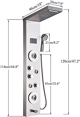 Bathroom Shower Panel Tower System LED Temperature Display Body Jets Shower Set Waterfall Rain Shower Head 6 Functions Temperature Display (Brushed Nickel A) - color: Brushed Nickel a