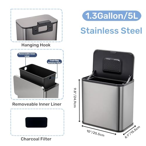 3 Pack 1.3 Gallon/5L Slim Stainless Steel Trash Can with Lid, Odor Control Charcoal Filter, Removable Bucket, Hanging/Wall Mounted/Standing Waste Bin for Kitchen, Bathroom, Bedroom, Office