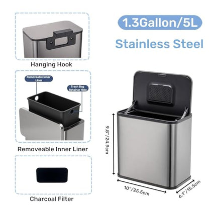 3 Pack 1.3 Gallon/5L Slim Stainless Steel Trash Can with Lid, Odor Control Charcoal Filter, Removable Bucket, Hanging/Wall Mounted/Standing Waste Bin for Kitchen, Bathroom, Bedroom, Office